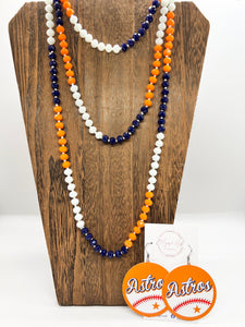 Blue, white, and orange beaded necklace